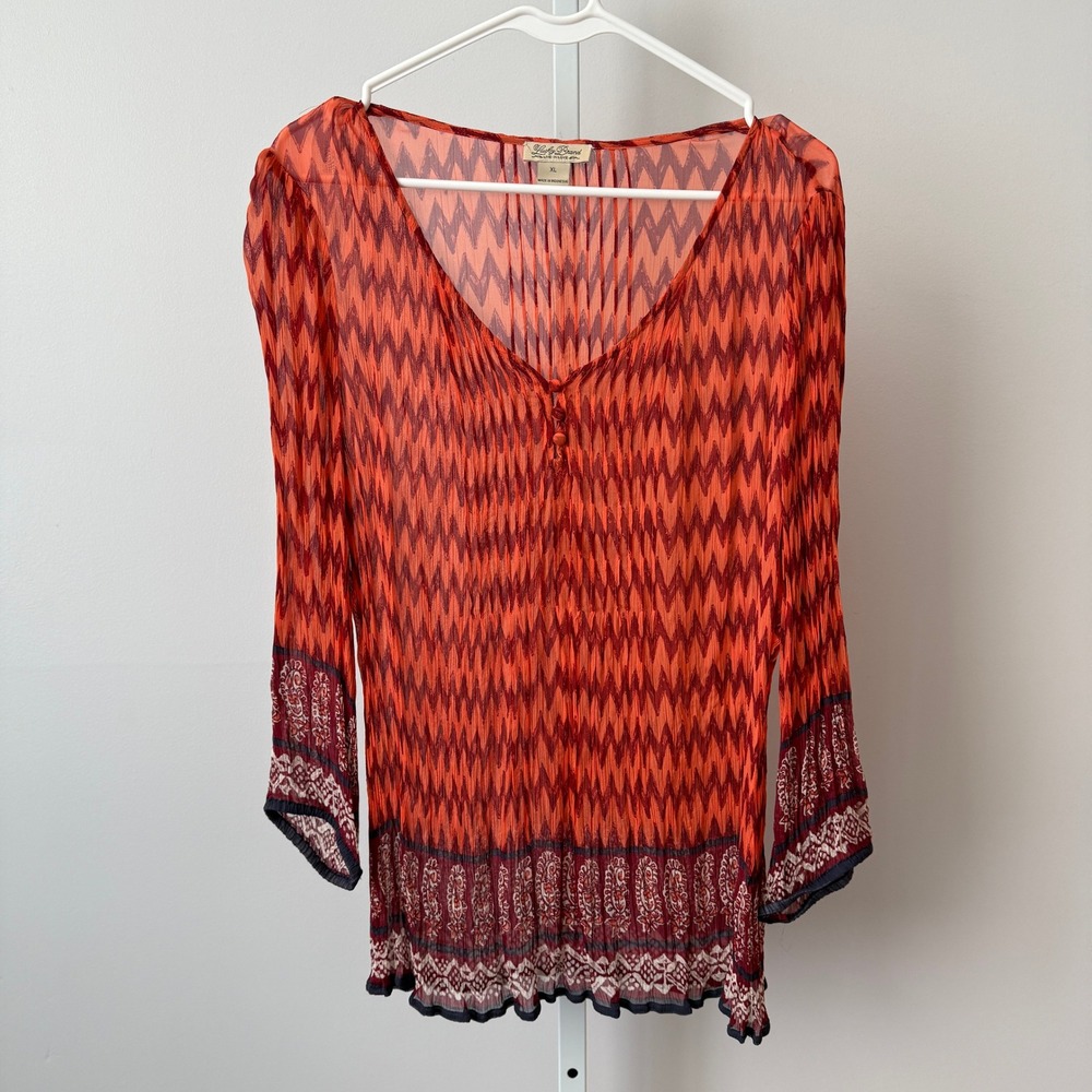 Lucky Brand Boho Beachy Relaxed Peasant Fairy Chevron Tunic Top XL Orange
